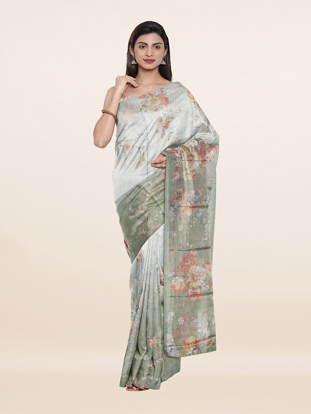

Pothys Women Green & Grey Floral Jute Silk Saree