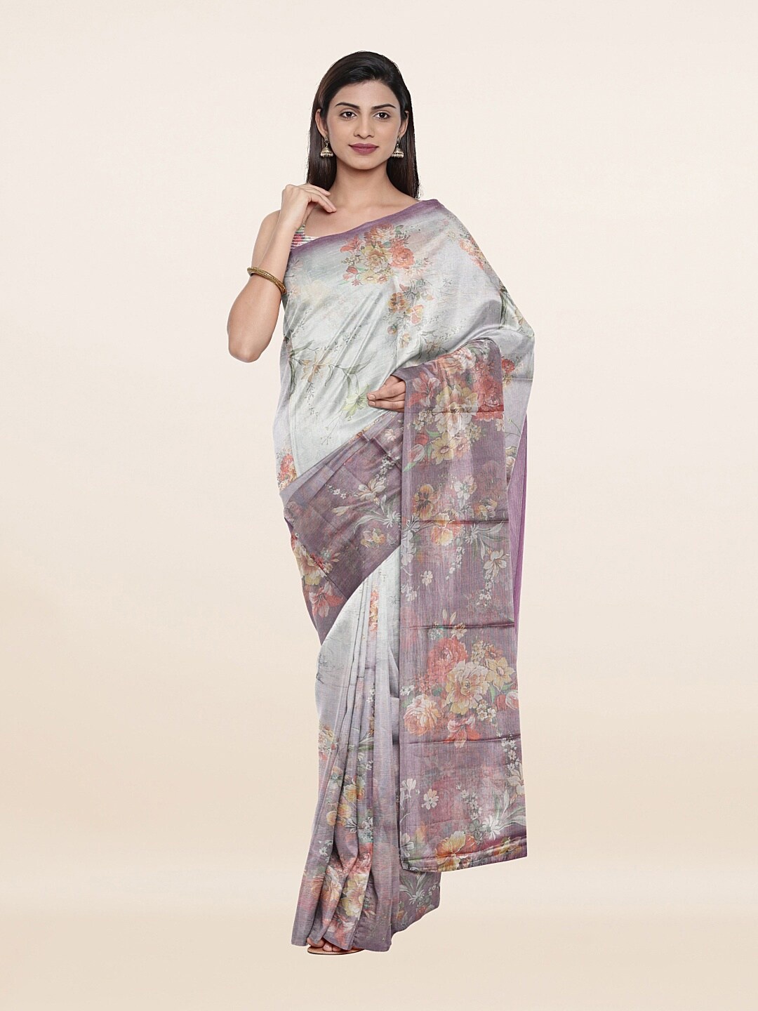 

Pothys Purple & Green Floral Jute Silk Saree