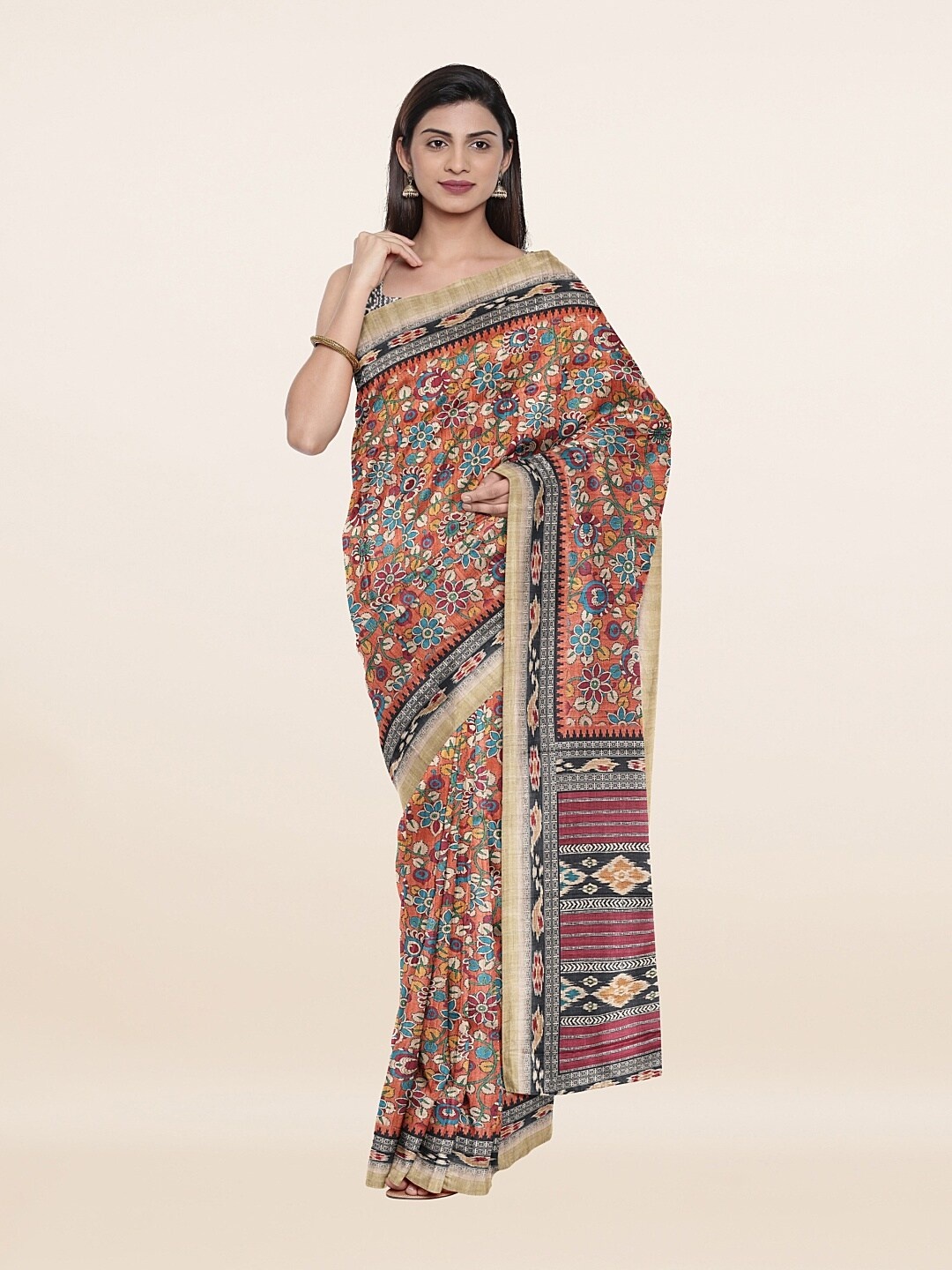 

Pothys Women Rust & Blue Floral Jute Silk Saree