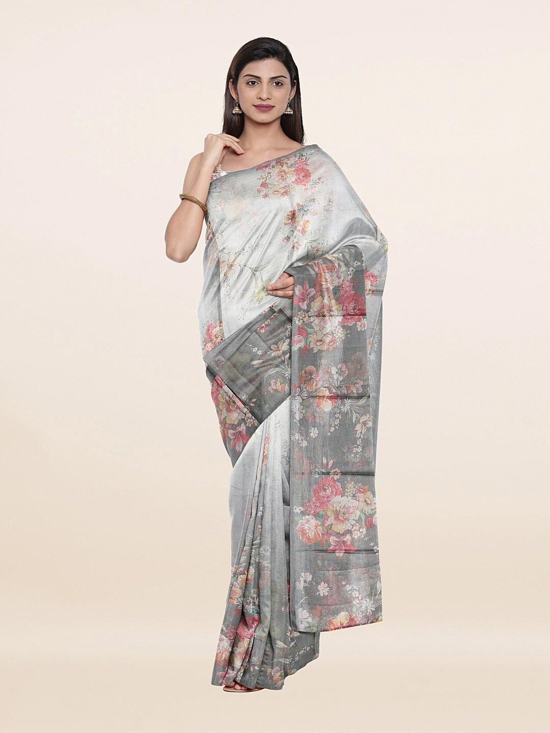 

Pothys Grey & Pink Floral Tasser Silk Saree