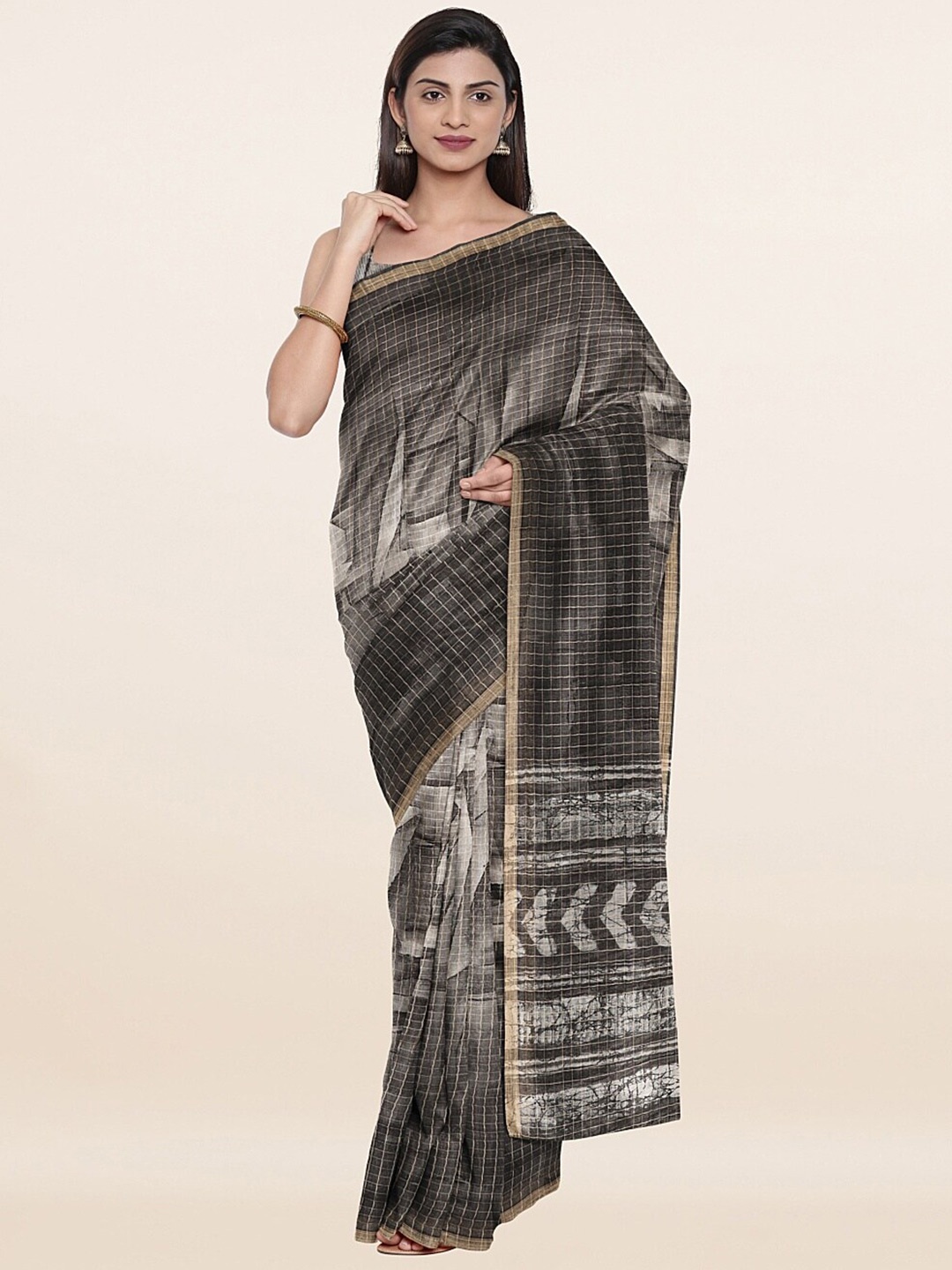 

Pothys Women Grey & White Checked Jute Silk Saree