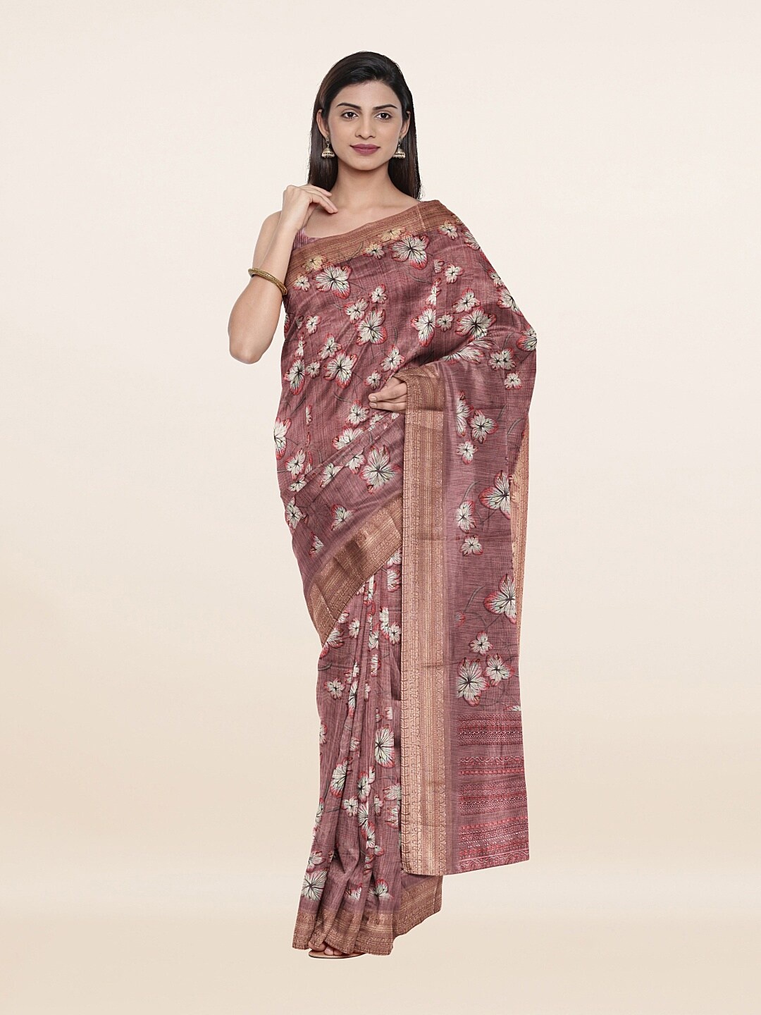 

Pothys Women Mauve & White Floral Zari Jute Silk Saree