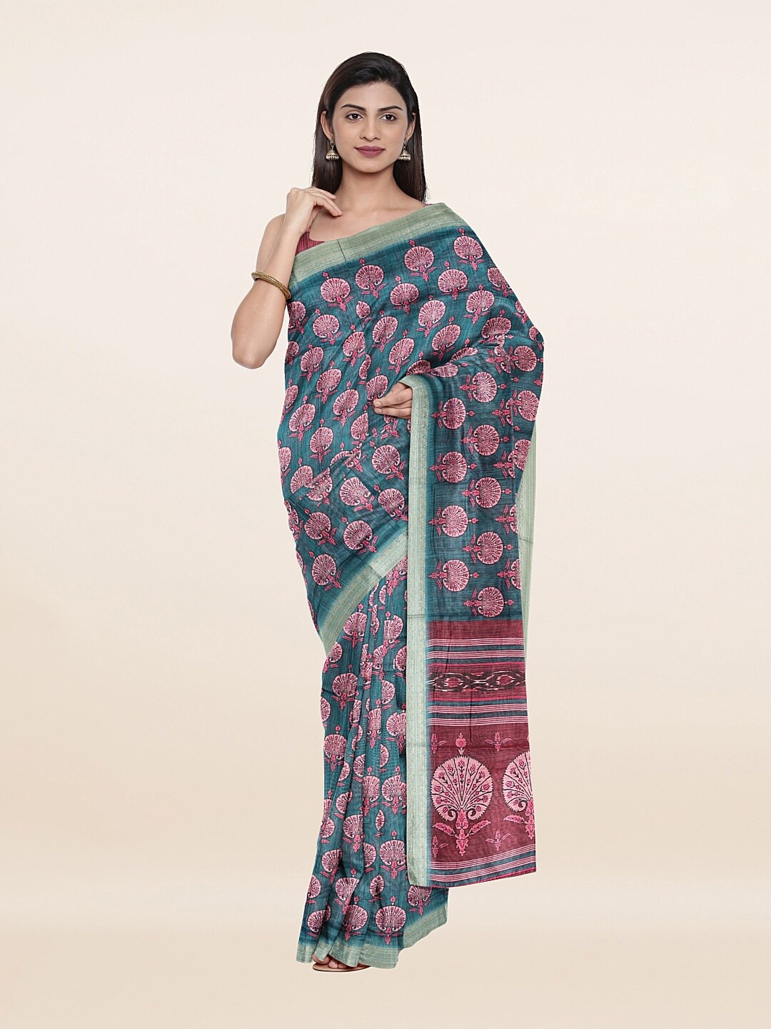 

Pothys Blue & Maroon Ethnic Motifs Jute Silk Saree