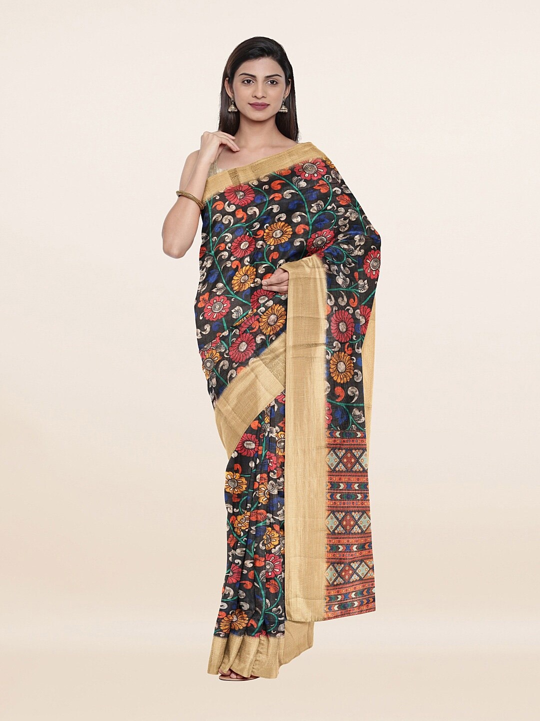 

Pothys Women Black & Gold-Toned Floral Zari Jute Silk Saree