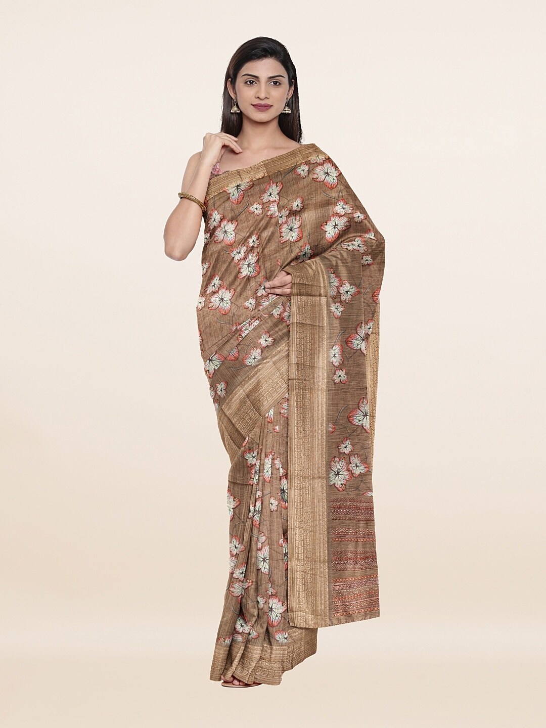

Pothys Women Brown & Beige Floral Jute Silk Saree