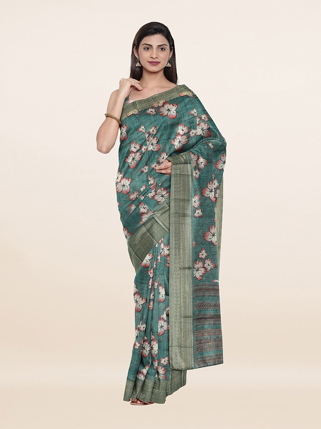 

Pothys Green & Off White Floral Zari Jute Silk Saree