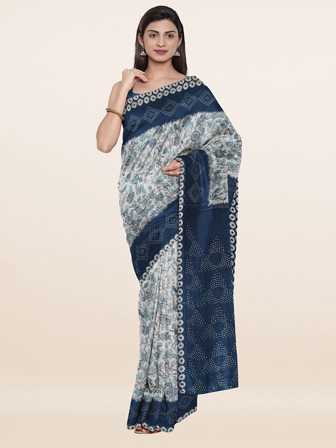 

Pothys Grey & Blue Floral Pure Tasser Silk Saree