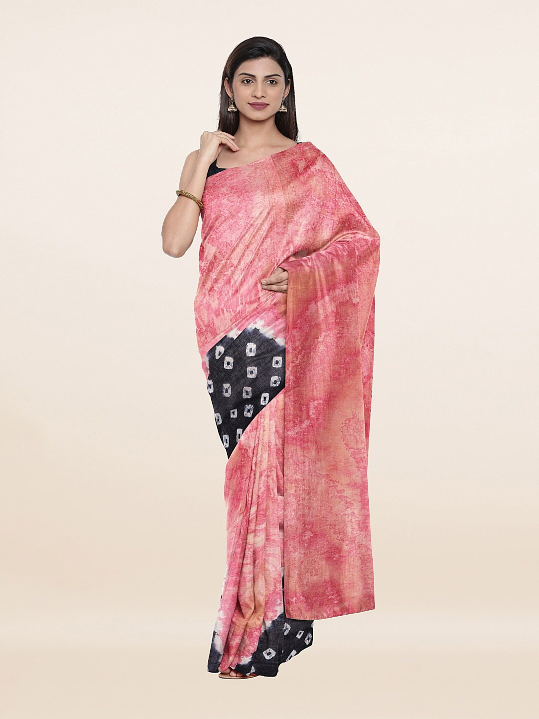 

Pothys Pink & Black Bandhani Pure Cotton Saree