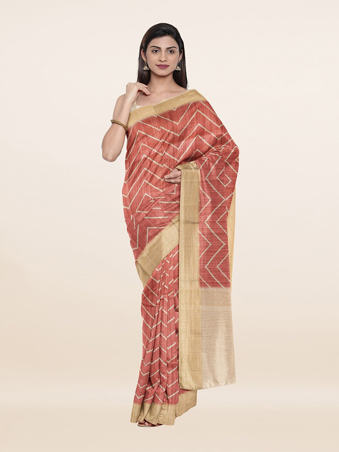 

Pothys Pink & Beige Pure Tasser Silk Saree