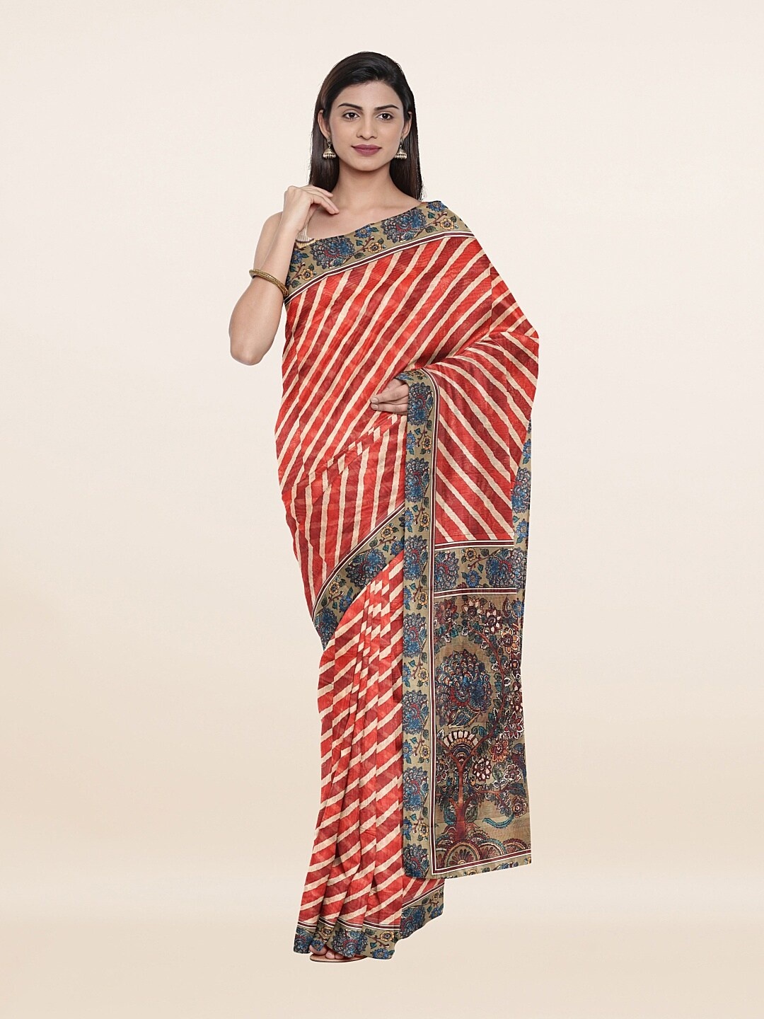 

Pothys Red & Beige Striped Printed Jute Silk Saree
