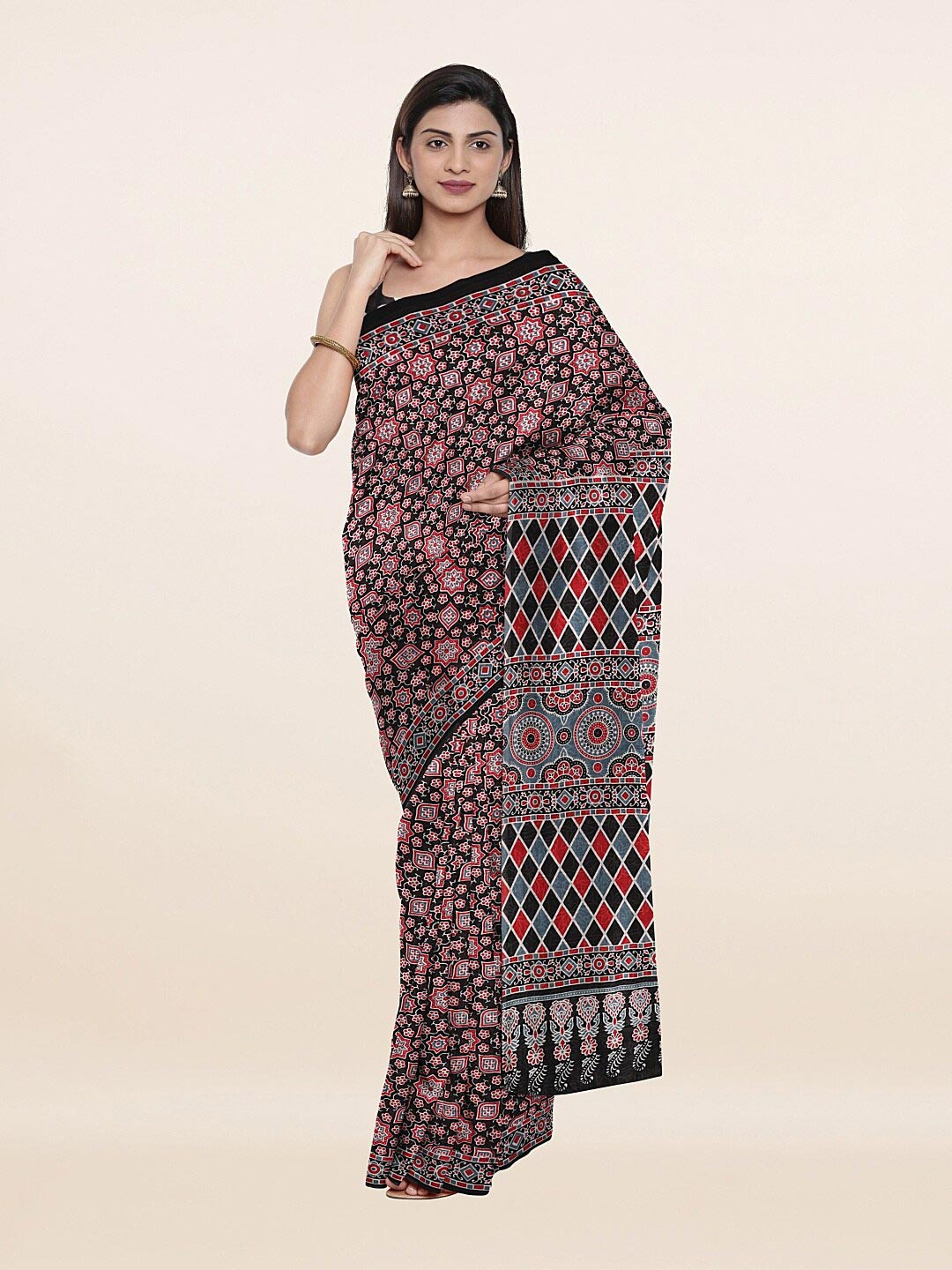 

Pothys Black & Red Pure Geometric Printed Cotton Saree