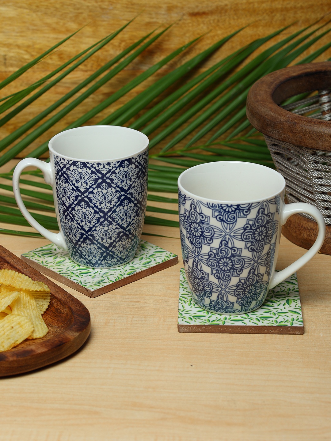 

ZEVORA Blue & Off White Printed Ceramic Glossy Mugs Set of 2 Mugs