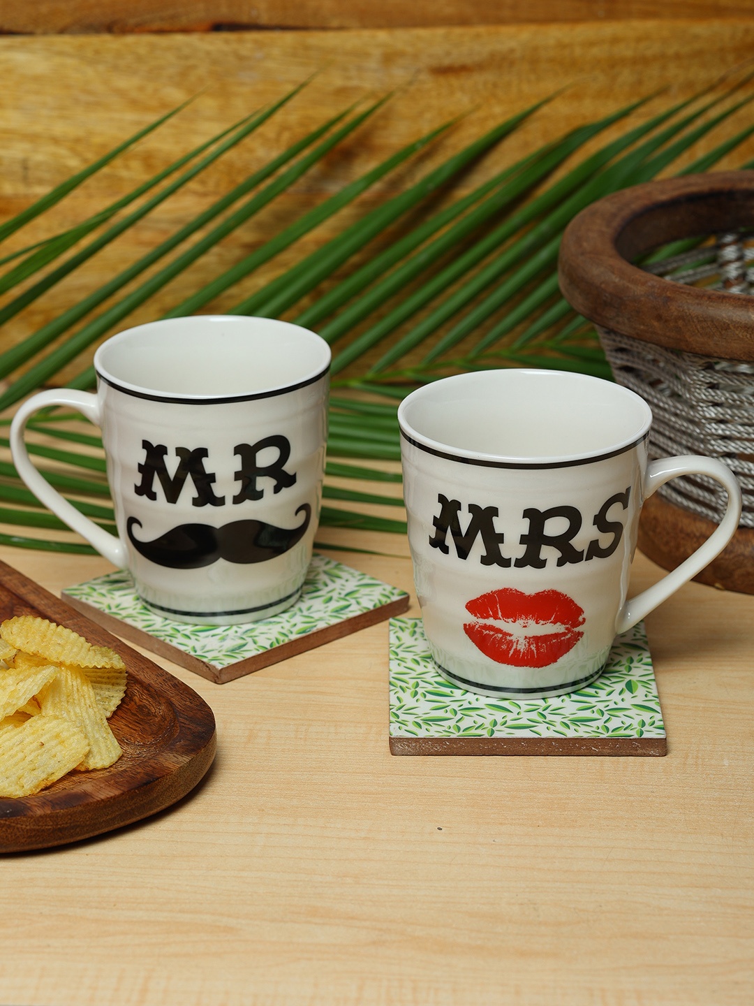 

ZEVORA White & Red Set of 2 Printed Ceramic Glossy Mugs 300 ML Each