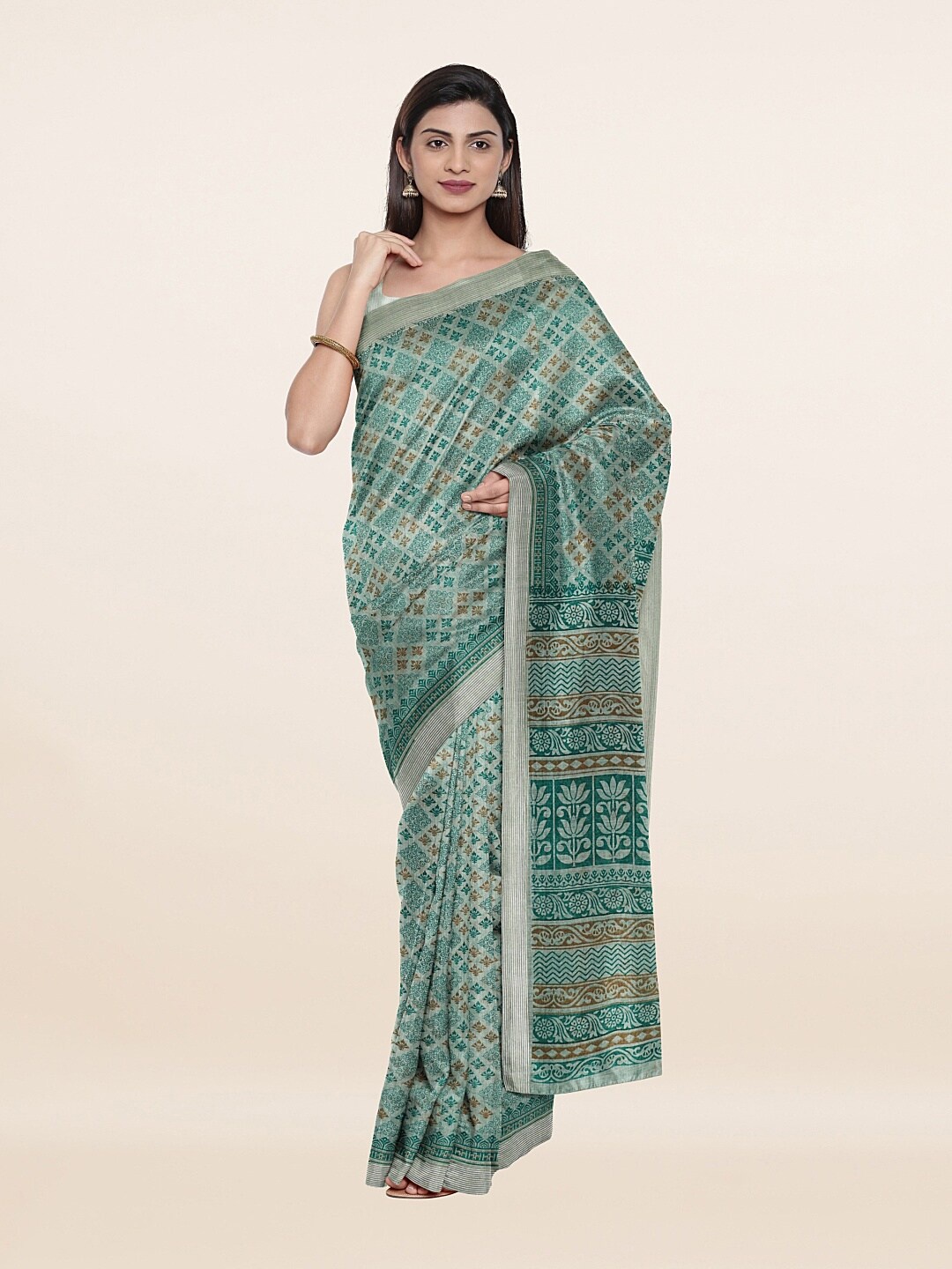 

Pothys Women Green & Beige Ethnic Motifs Saree
