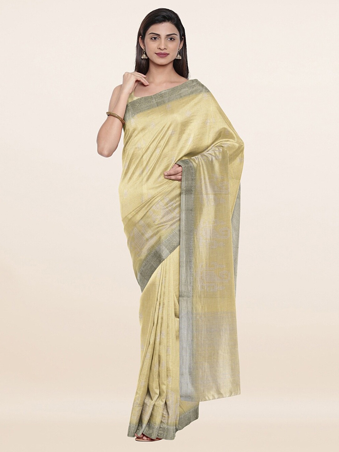 

Pothys Women Yellow & Silver-Toned Woven Design Pure Linen Saree