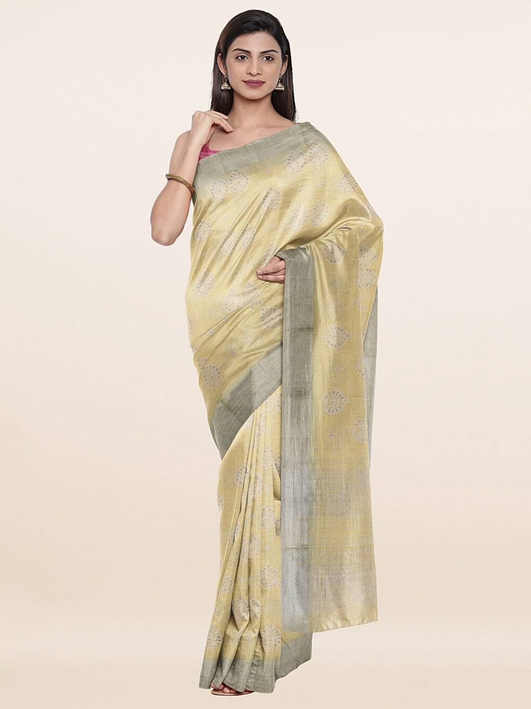 

Pothys Women Yellow & White Ethnic Motifs Zari Pure Linen Saree