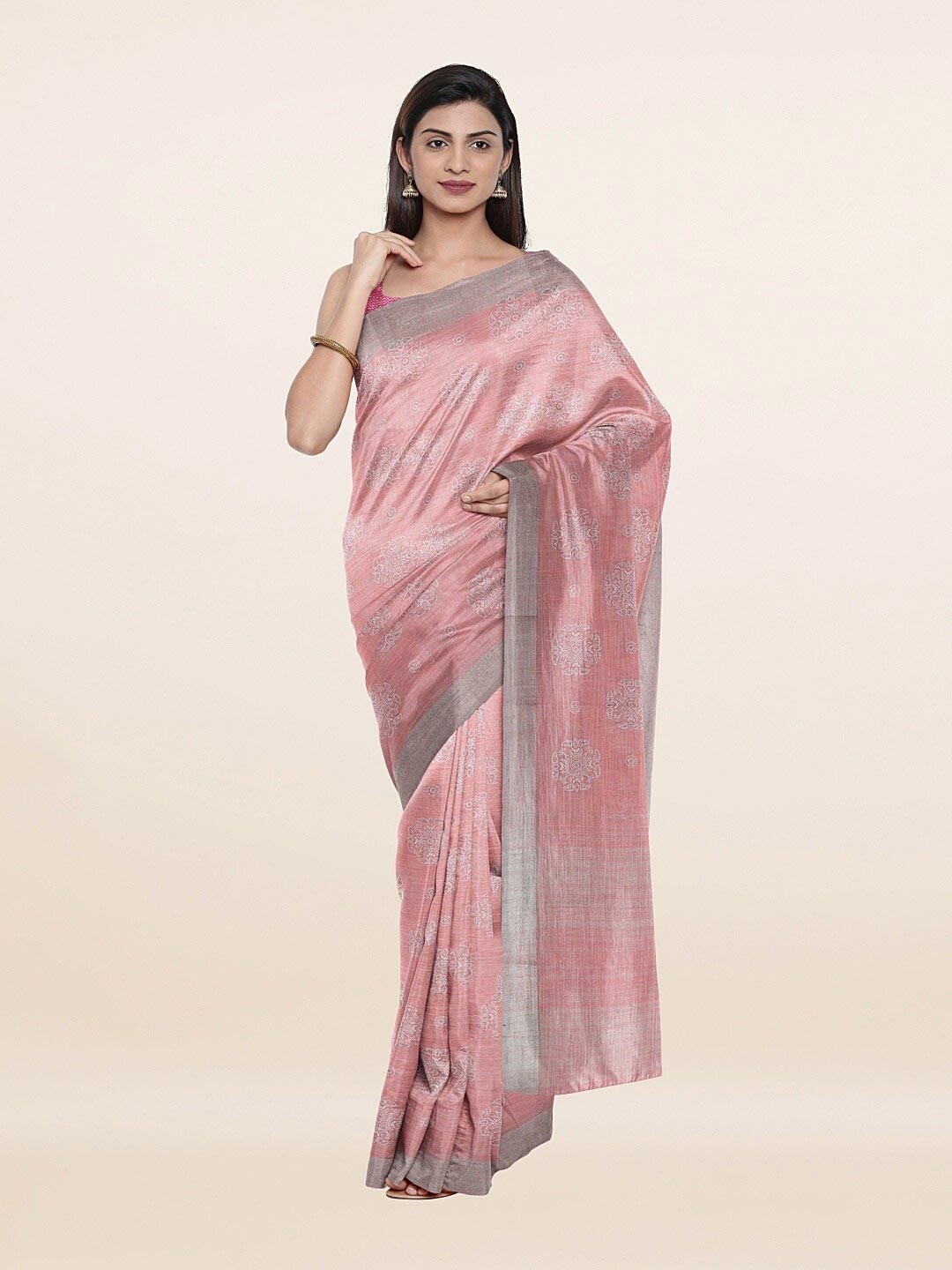 

Pothys Pink & Grey Printed Pure Linen Saree