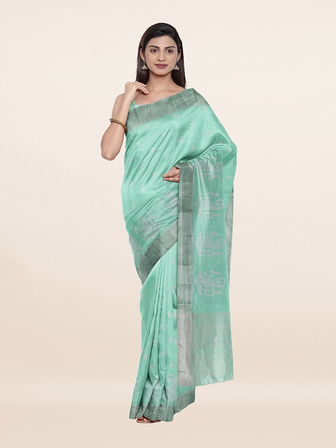 

Pothys Green & Silver-Toned Woven Design Pure Linen Saree