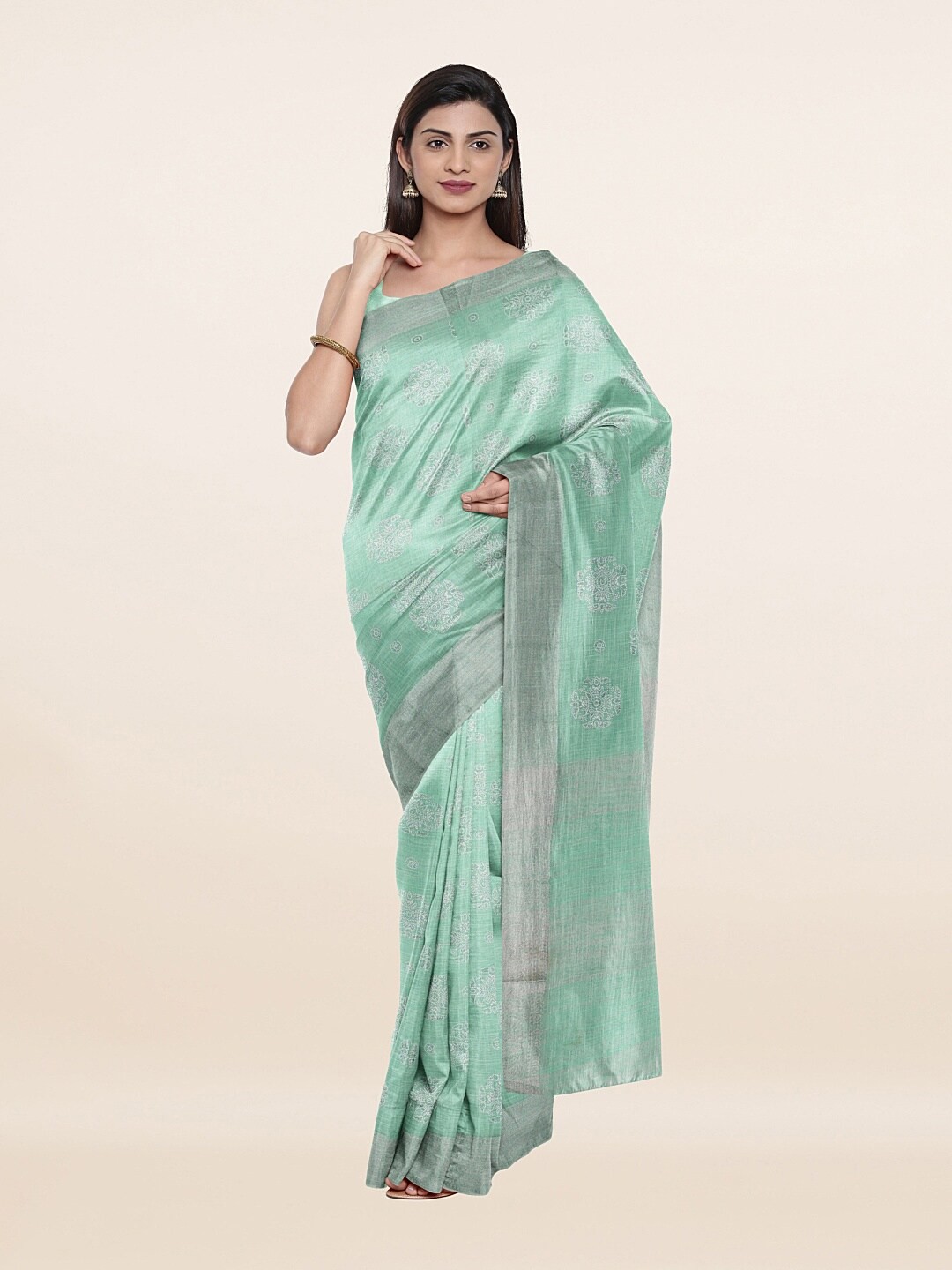 

Pothys Green & Silver-Toned Floral Zari Pure Linen Saree