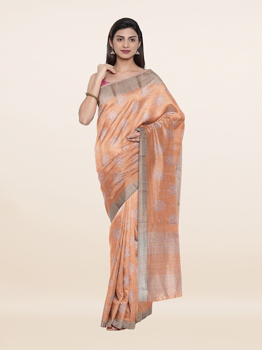 

Pothys Peach-Coloured & Grey Ethnic Motifs Zari Pure Linen Saree
