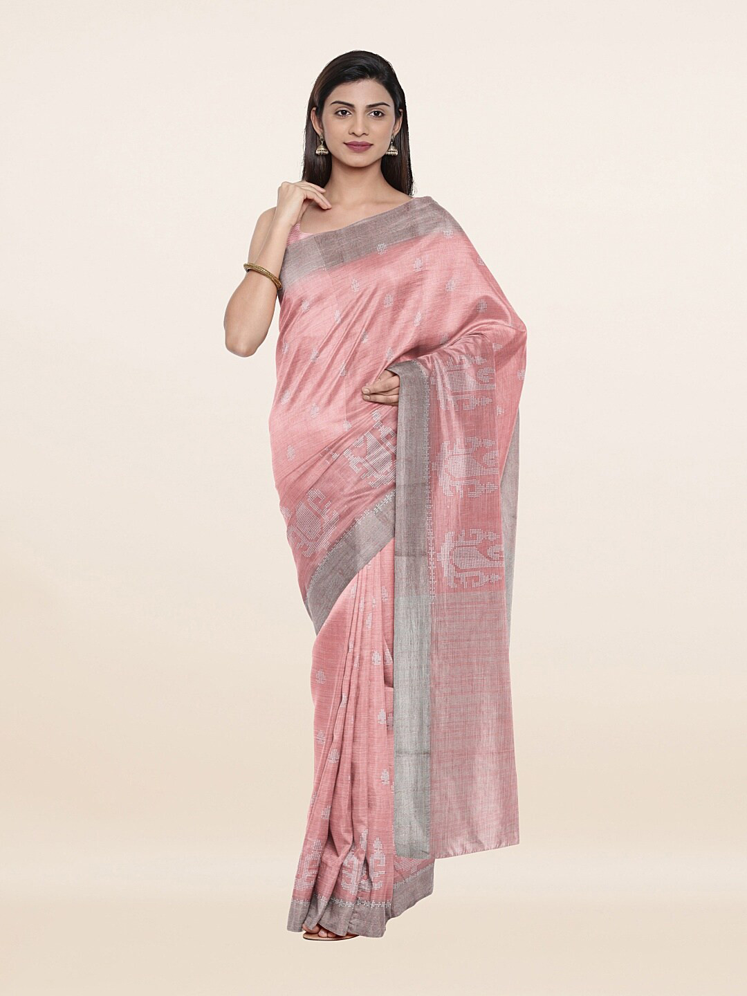 

Pothys Peach & Silver-Toned Ethnic Motifs Printed Pure Linen Saree