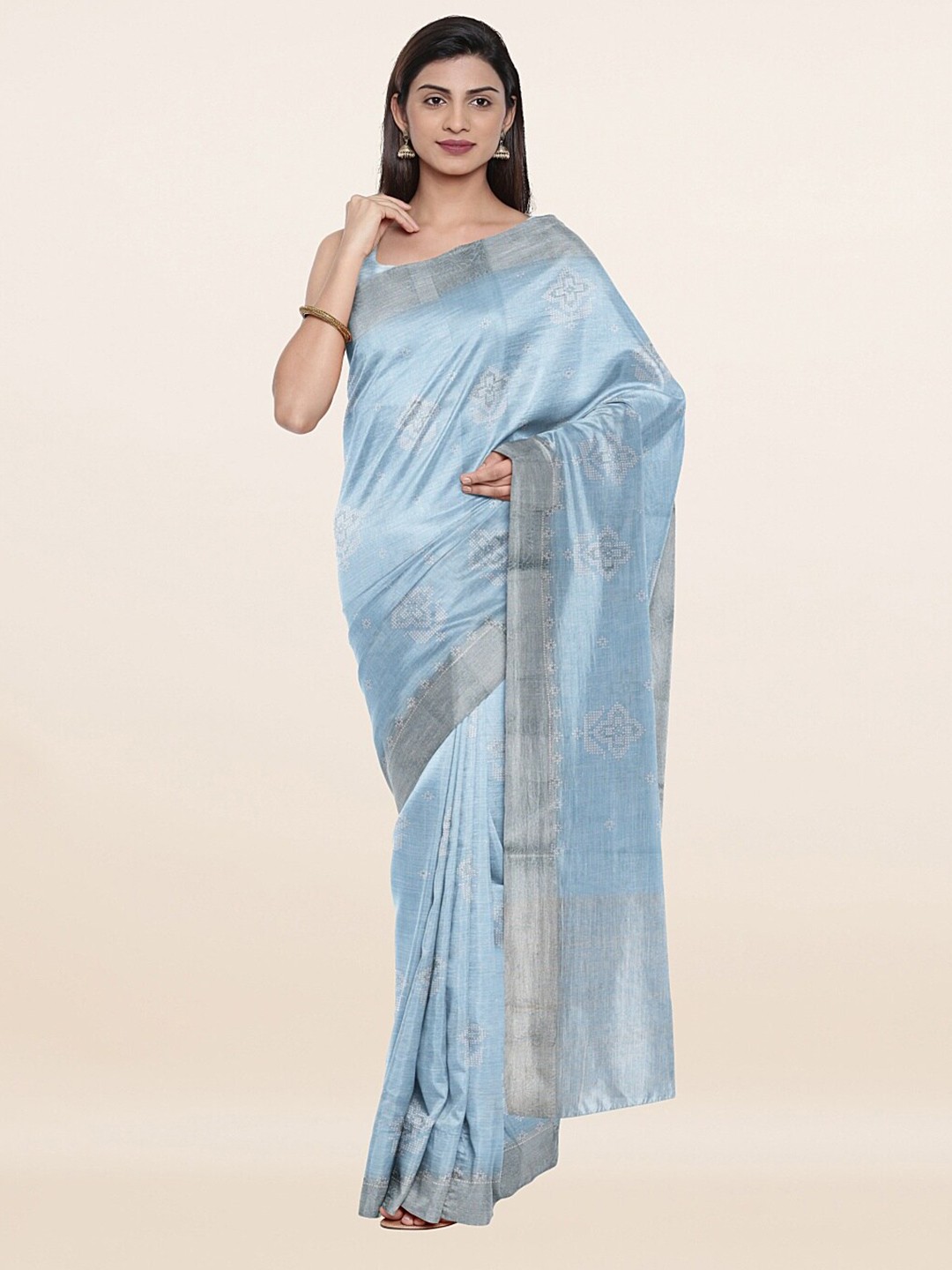 

Pothys Blue & Silver-Toned Floral Zari Pure Linen Saree