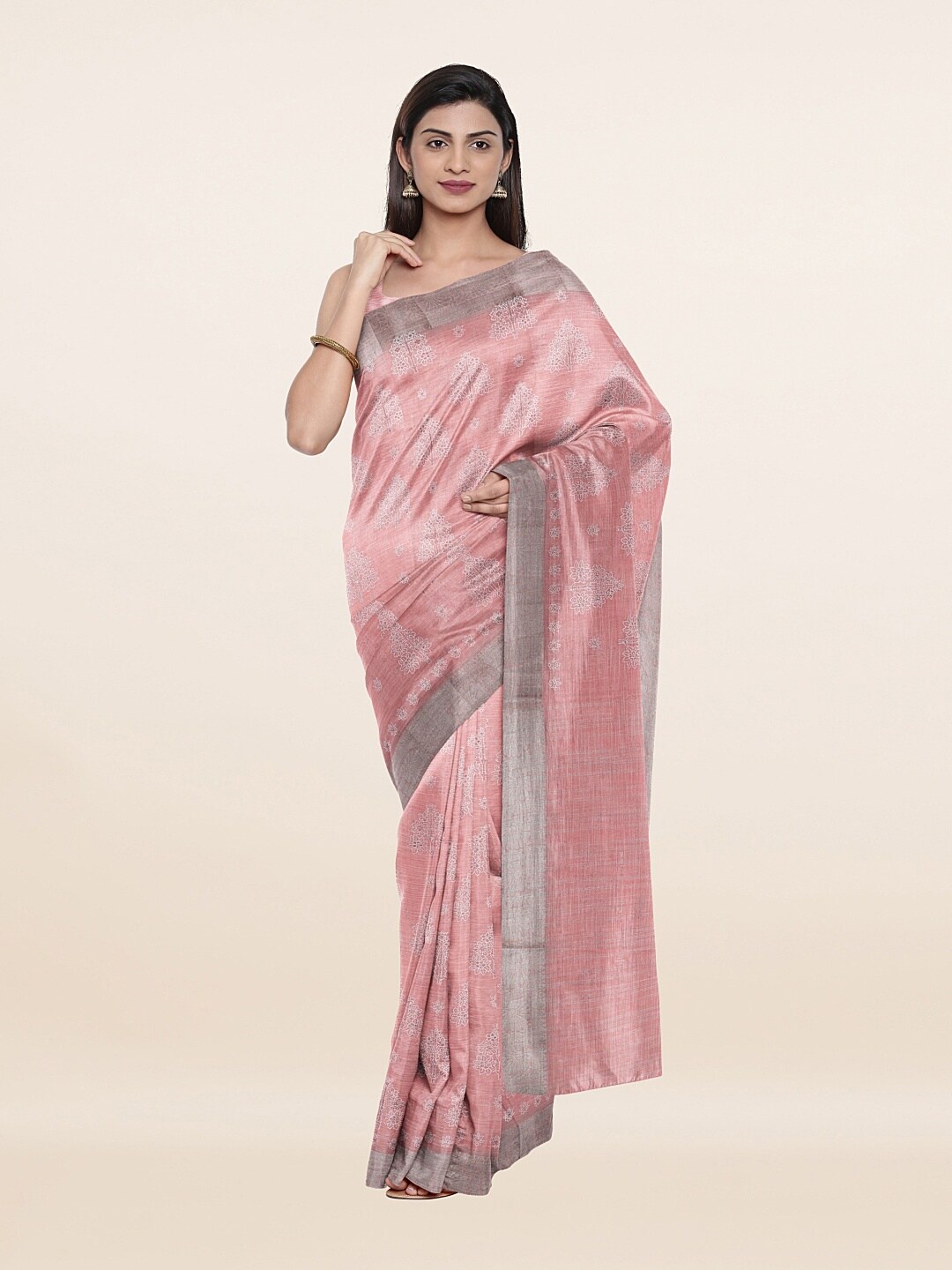 

Pothys Pink & Grey Floral Pure Linen Saree