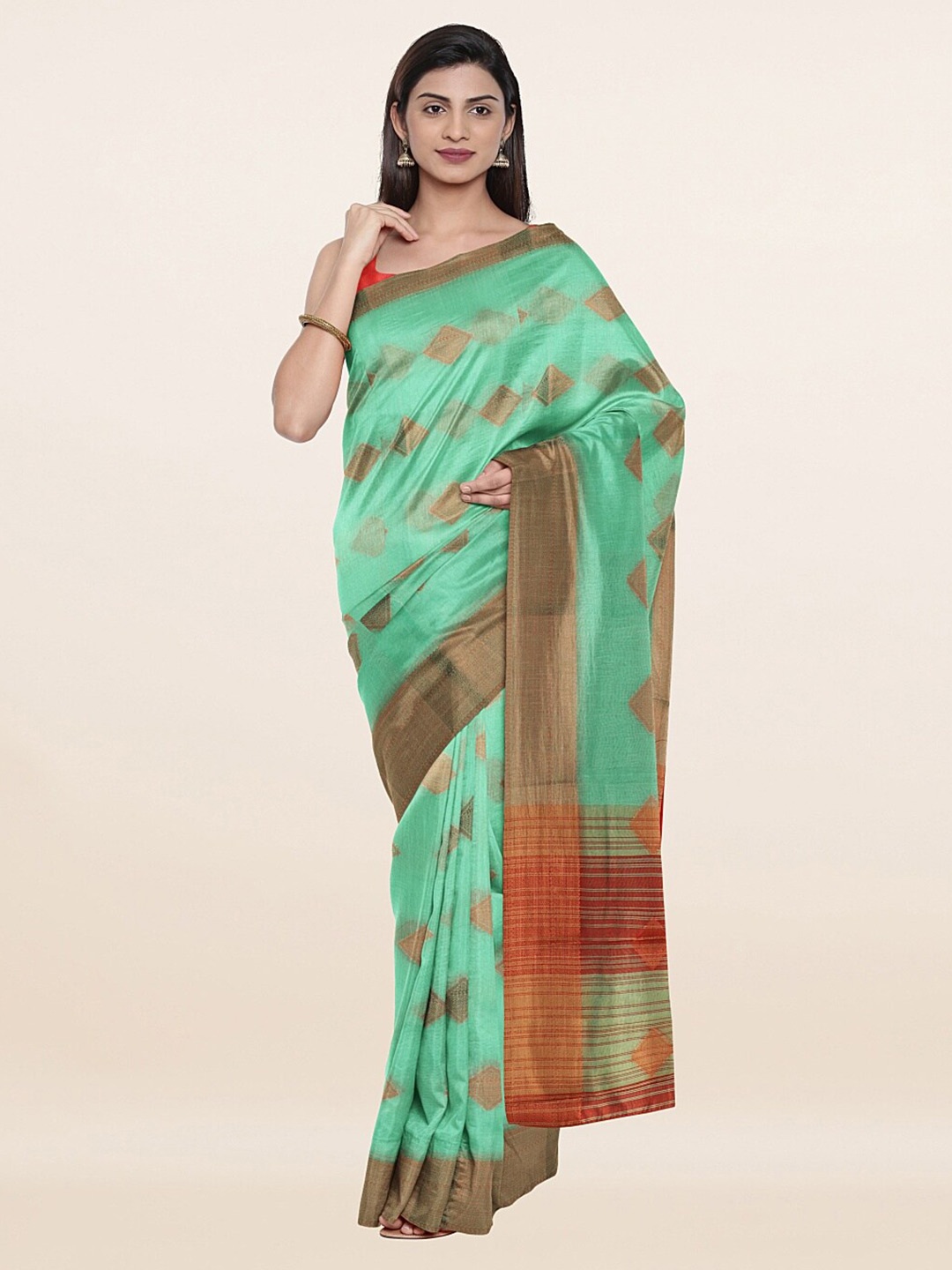 

Pothys Green & Gold-Toned Woven Design Zari Cotton Blend Saree