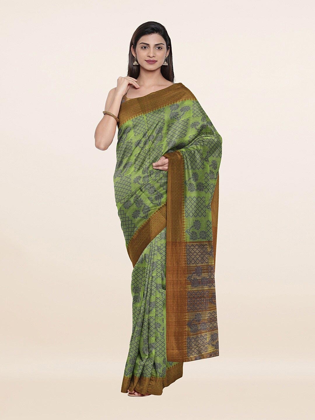 

Pothys Green & Brown Floral Saree