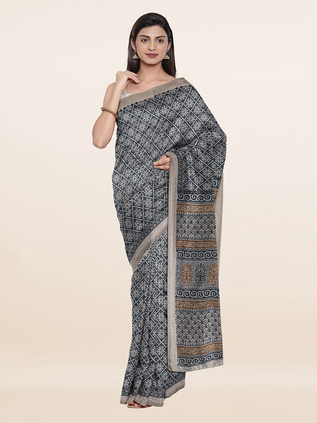 

Pothys Cotton Blend Grey & Blue Saree