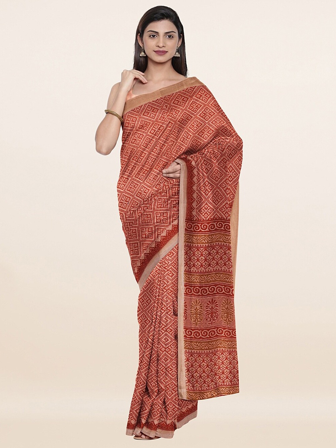 

Pothys Peach-Coloured & Silver-Toned Woven Design Zari Saree