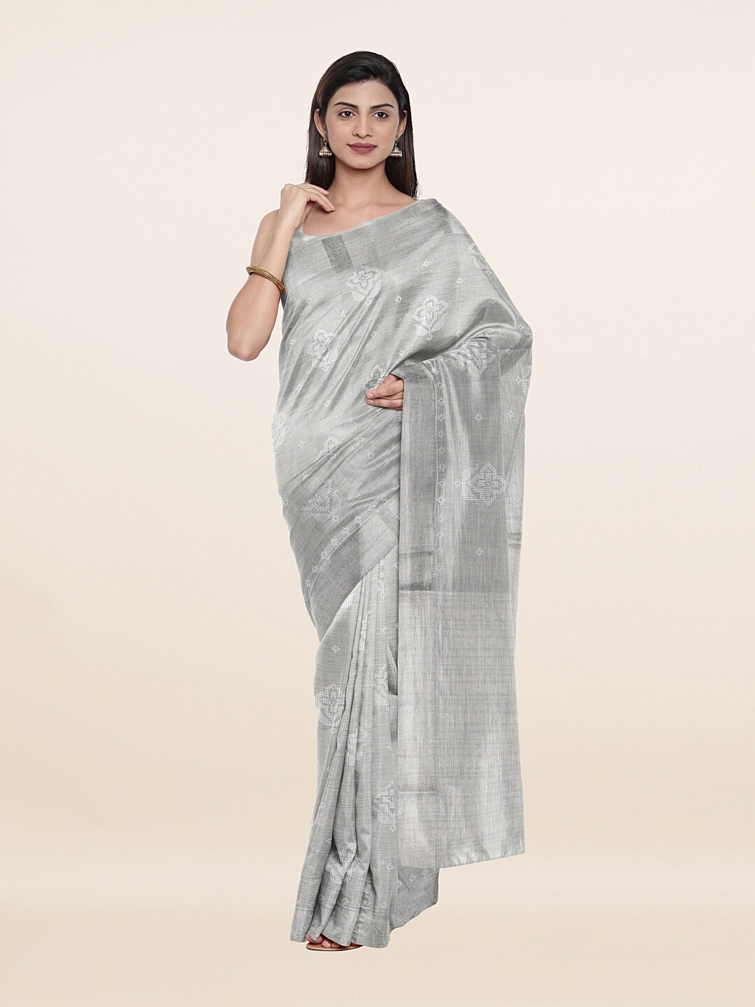 

Pothys Grey & Silver-Toned Floral Pure Linen Saree