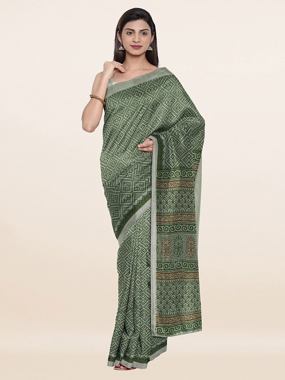 

Pothys Green & Silver-Toned Woven Design Saree
