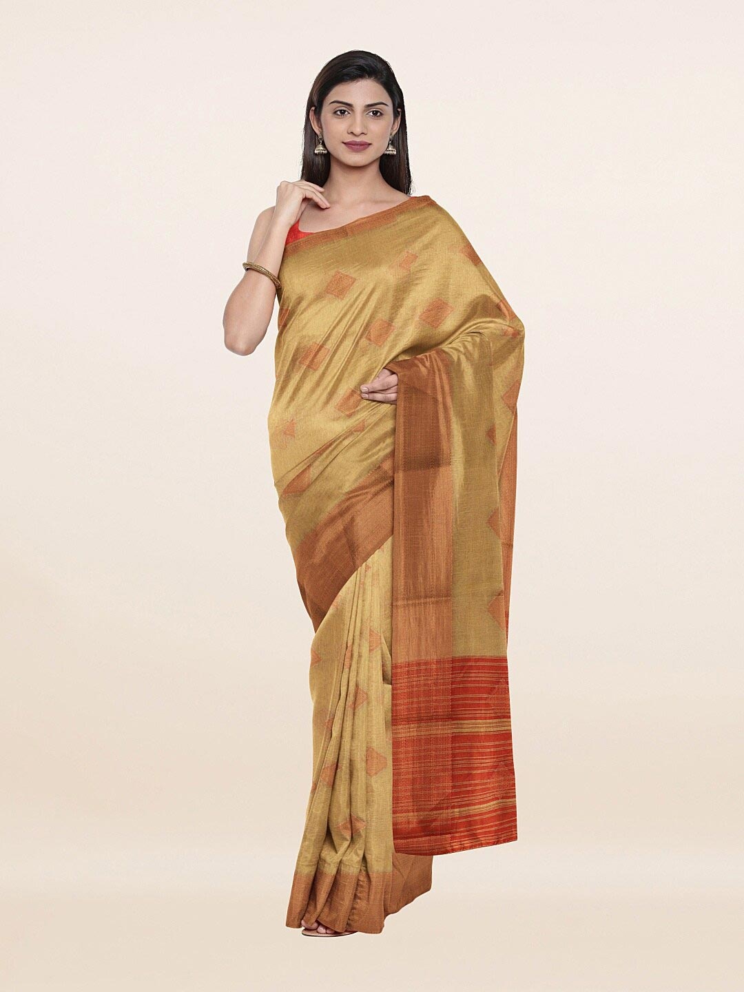 

Pothys Cream-Coloured & Red Ethnic Motifs Zari Saree