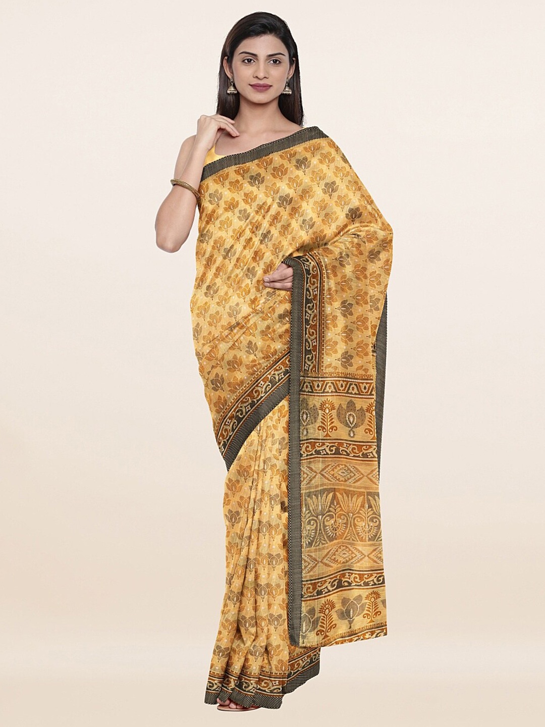 

Pothys Yellow & Grey Cotton Blend Floral Saree