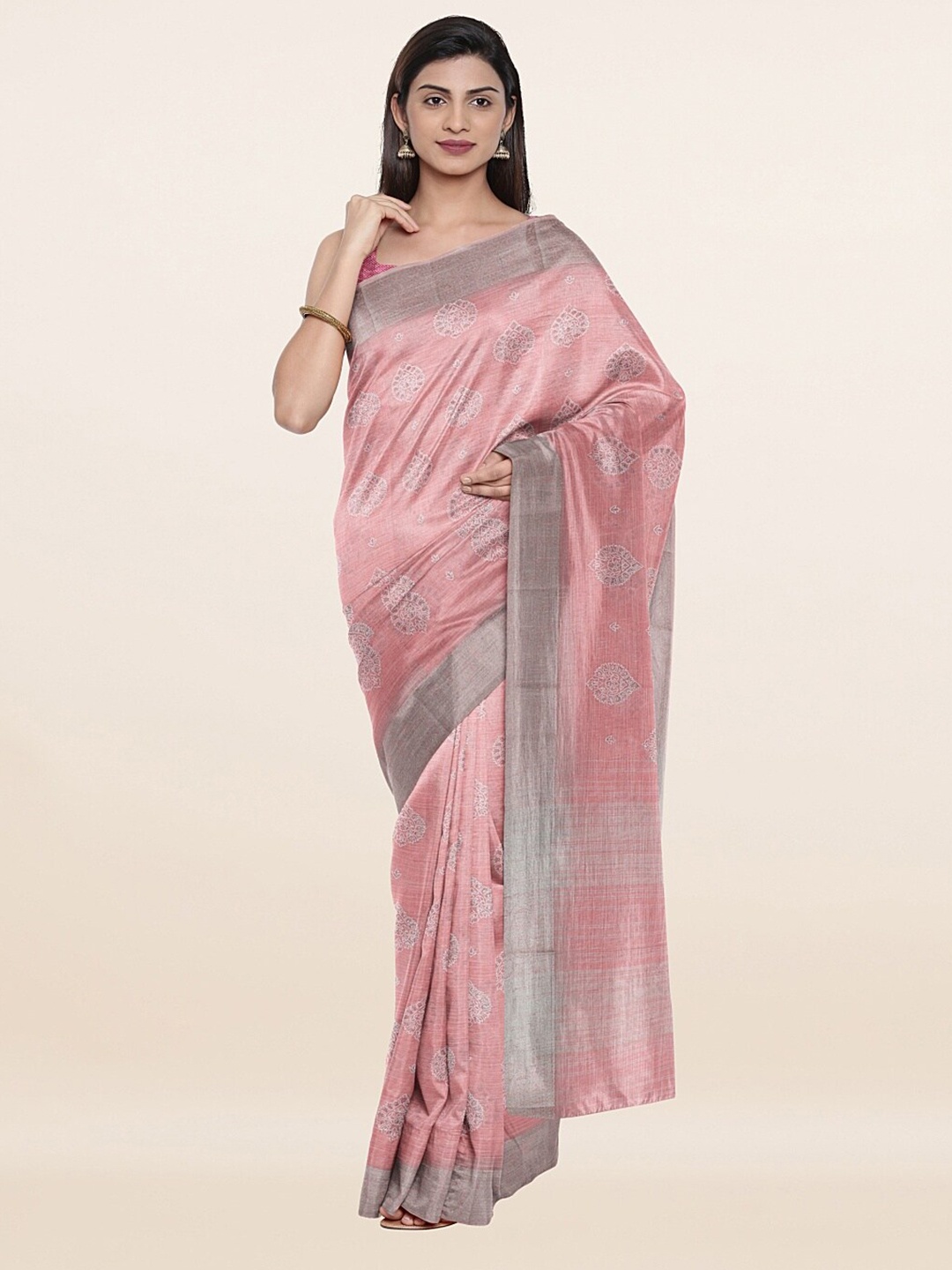 

Pothys Pink & Silver Printed Pure Linen Saree