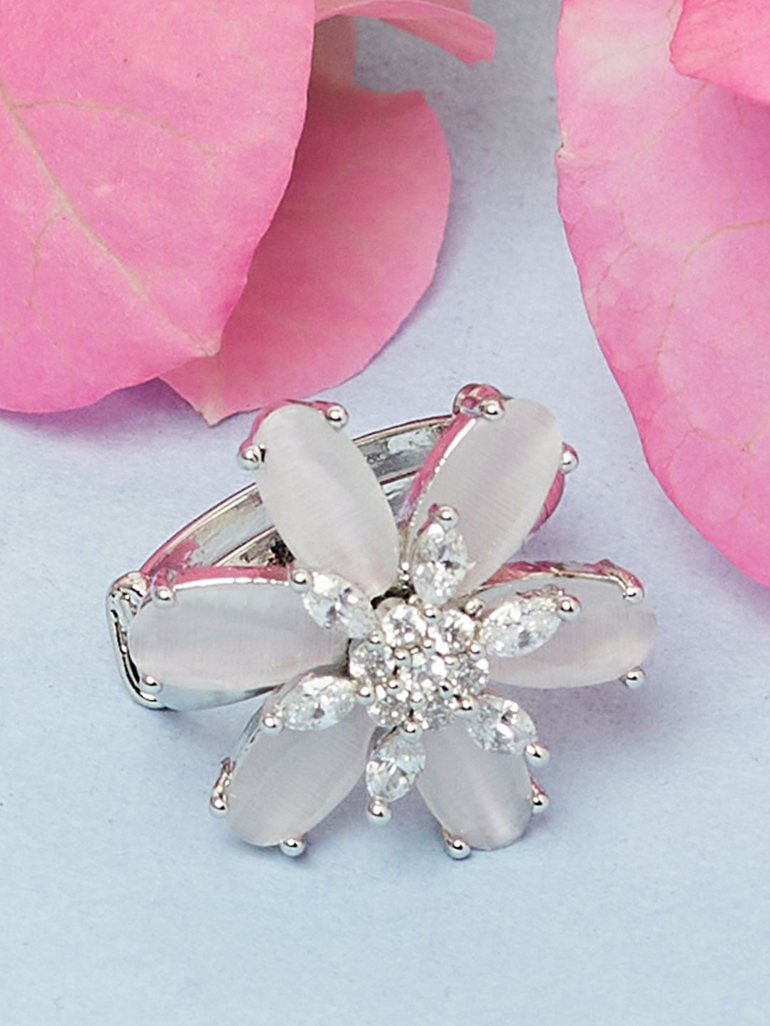 

Voylla Rhodium-Plated White Stone-Studded Finger Ring, Silver
