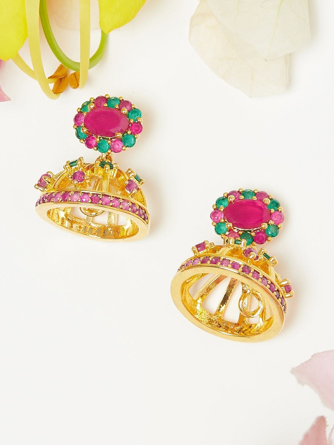Voylla Women Gold-Toned & Pink Contemporary Jhumkas Earrings