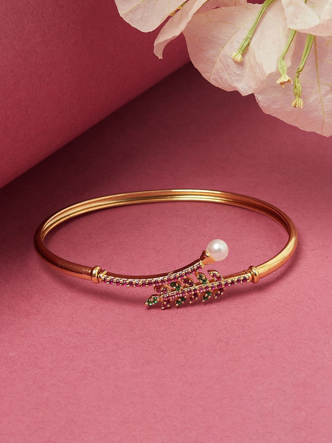 

Voylla Women Gold-Toned & White Brass Gold-Plated Cuff Bracelet