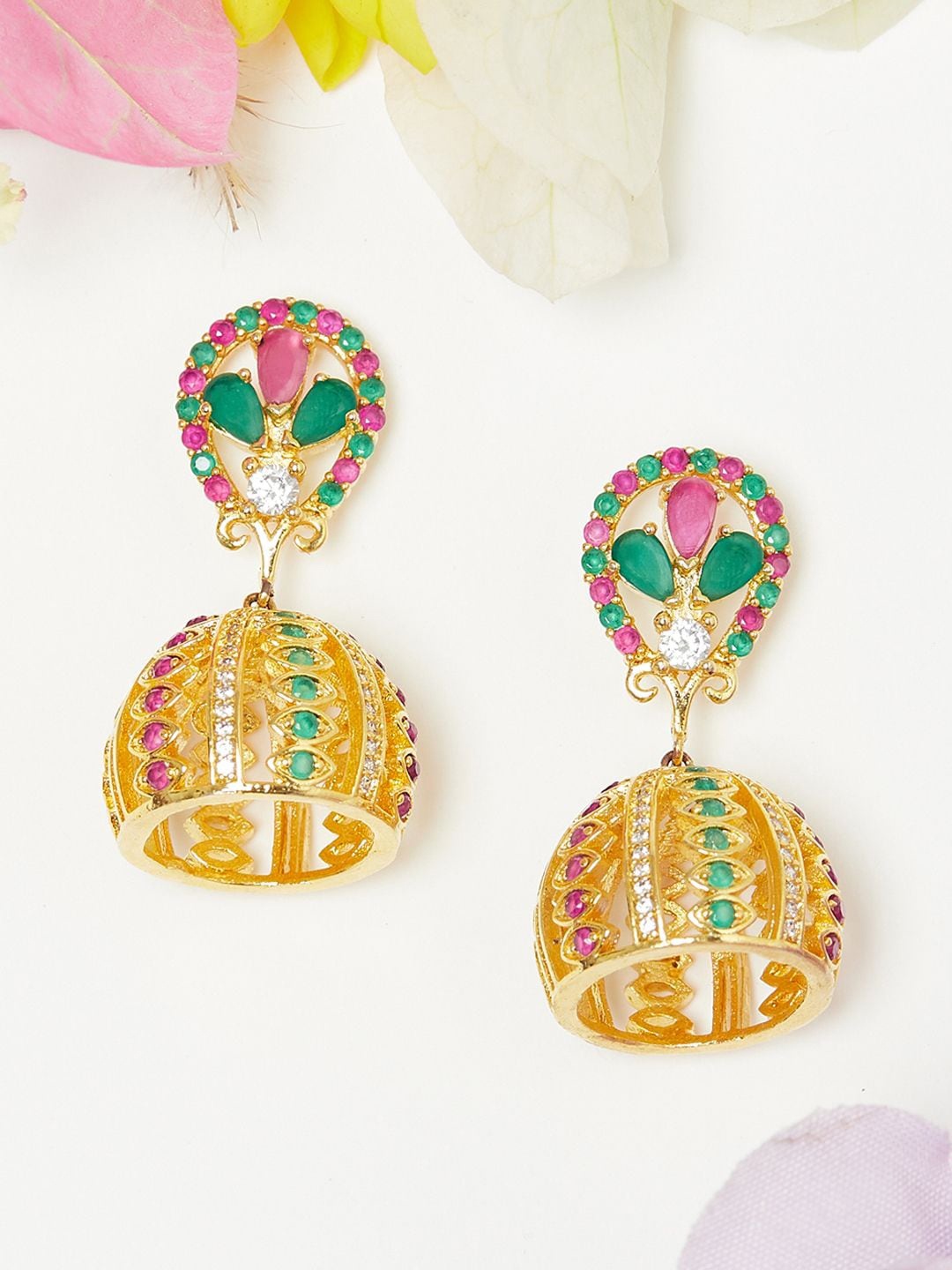 

Voylla Gold-Toned & Green Contemporary Jhumkas Earrings