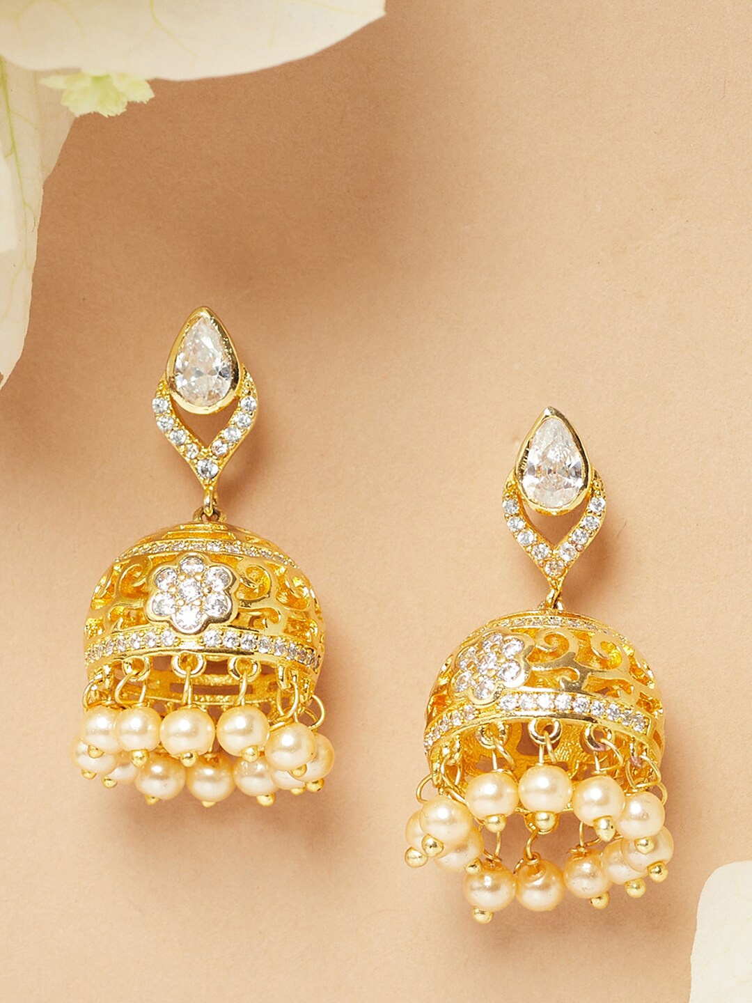 

Voylla Gold-Plated & Cream-Coloured Classic Jhumka Earrings