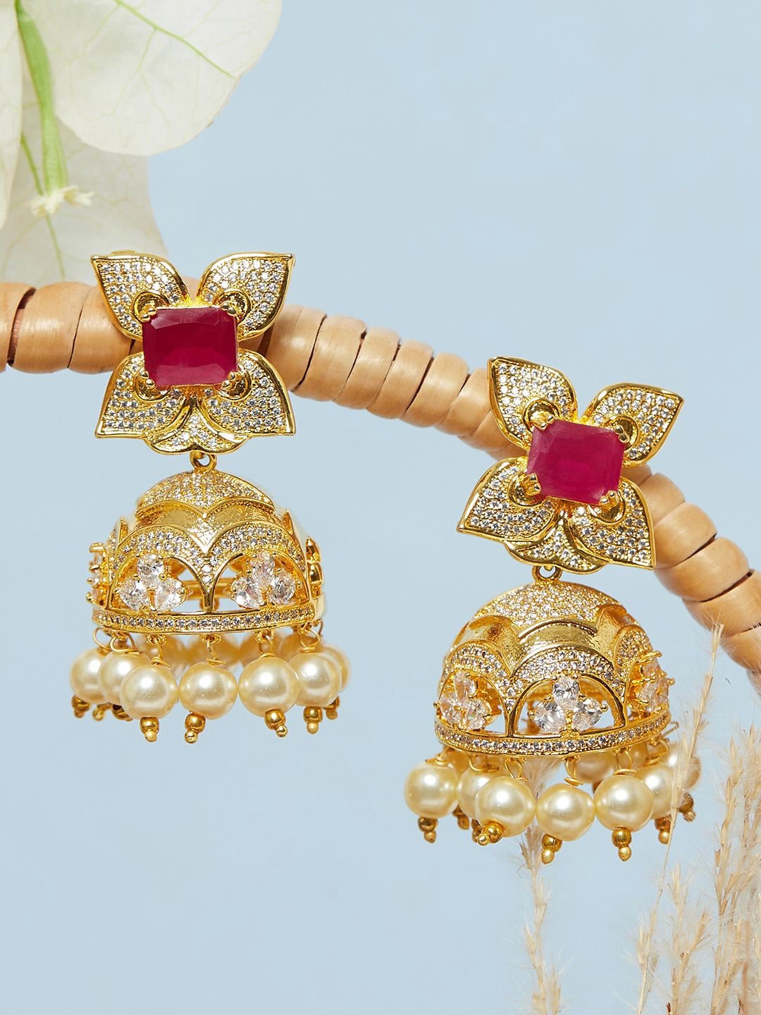 

Voylla Gold Plated Red & White American Diamond CZ Traditional Earrings