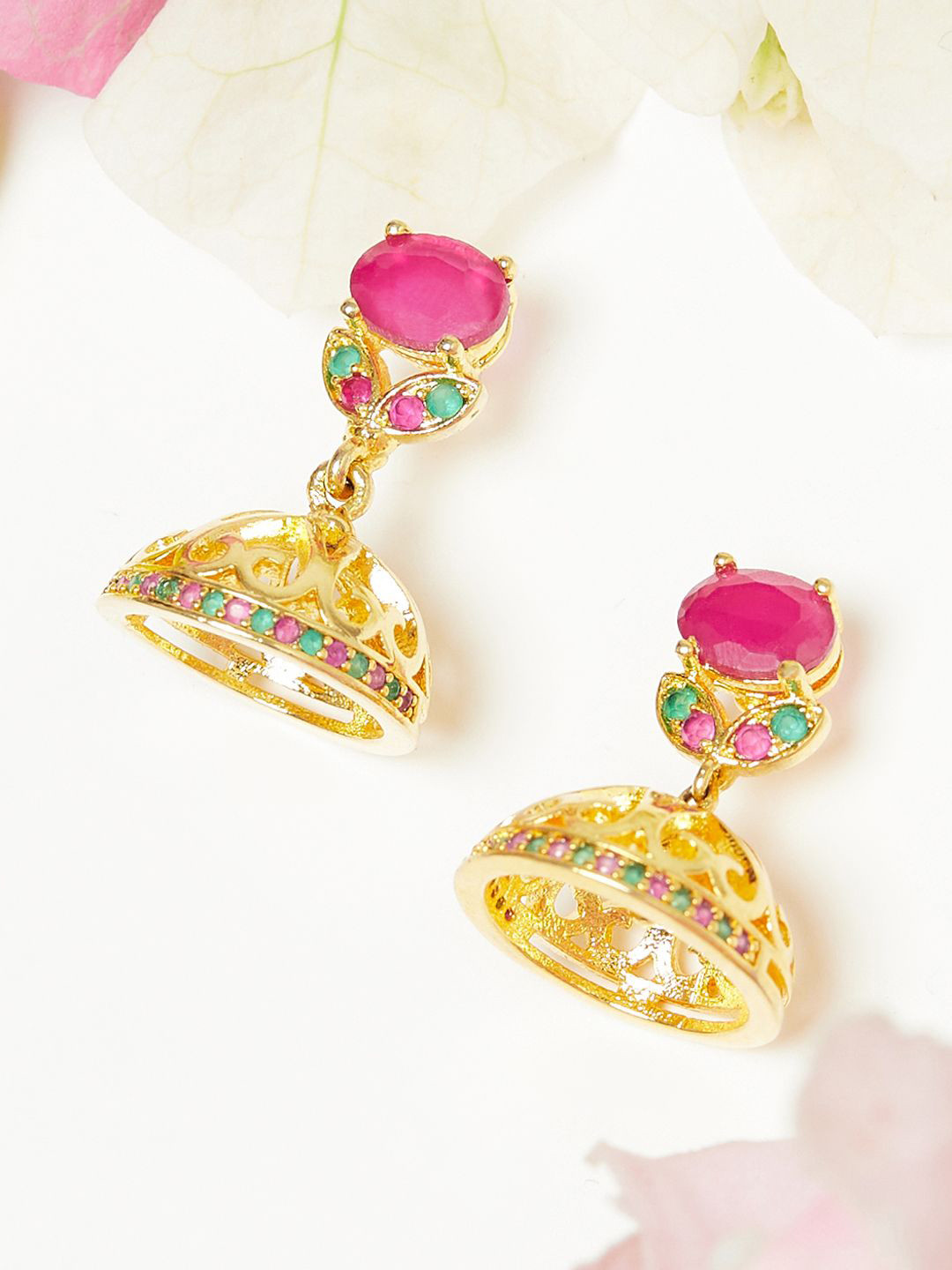 

Voylla Gold-Toned & Pink Contemporary Jhumkas Earrings