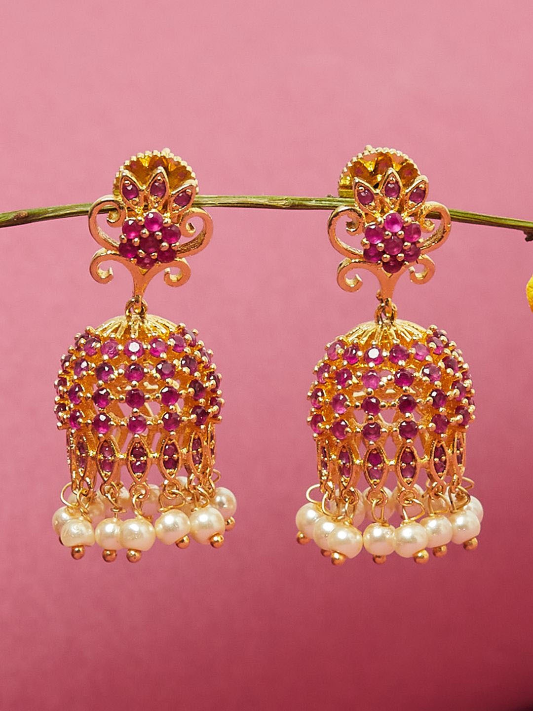 

Voylla Gold-Toned & Pink Gold Plated Contemporary Jhumkas Earrings