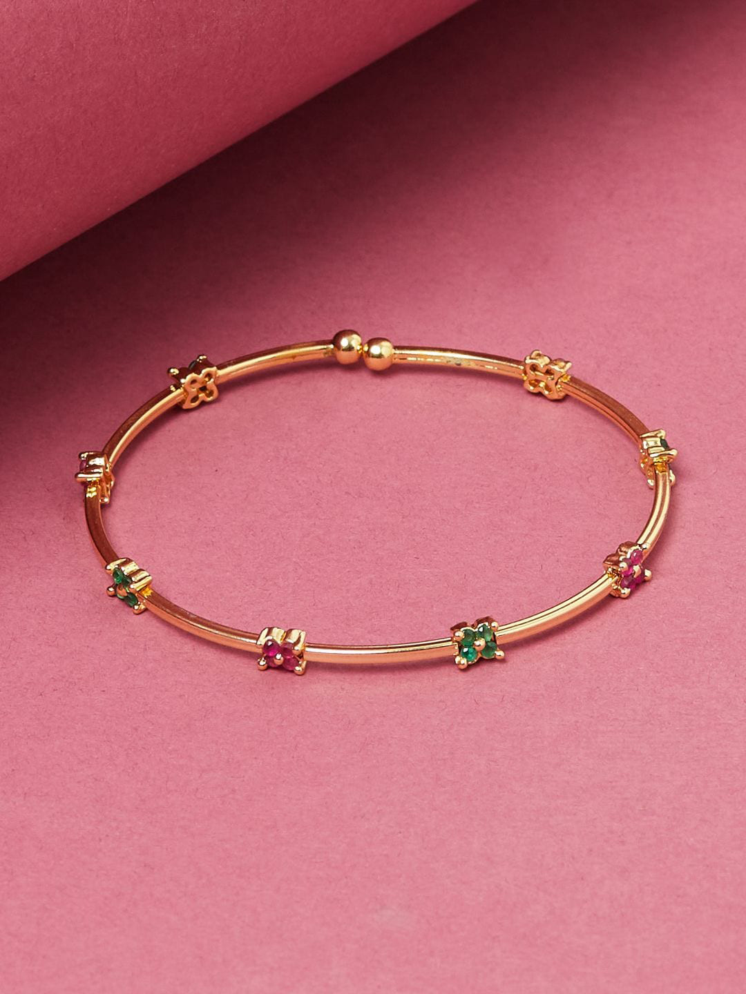 

Voylla Women Gold-Plated & Green Brass Cubic Zirconia Cuff Bracelet