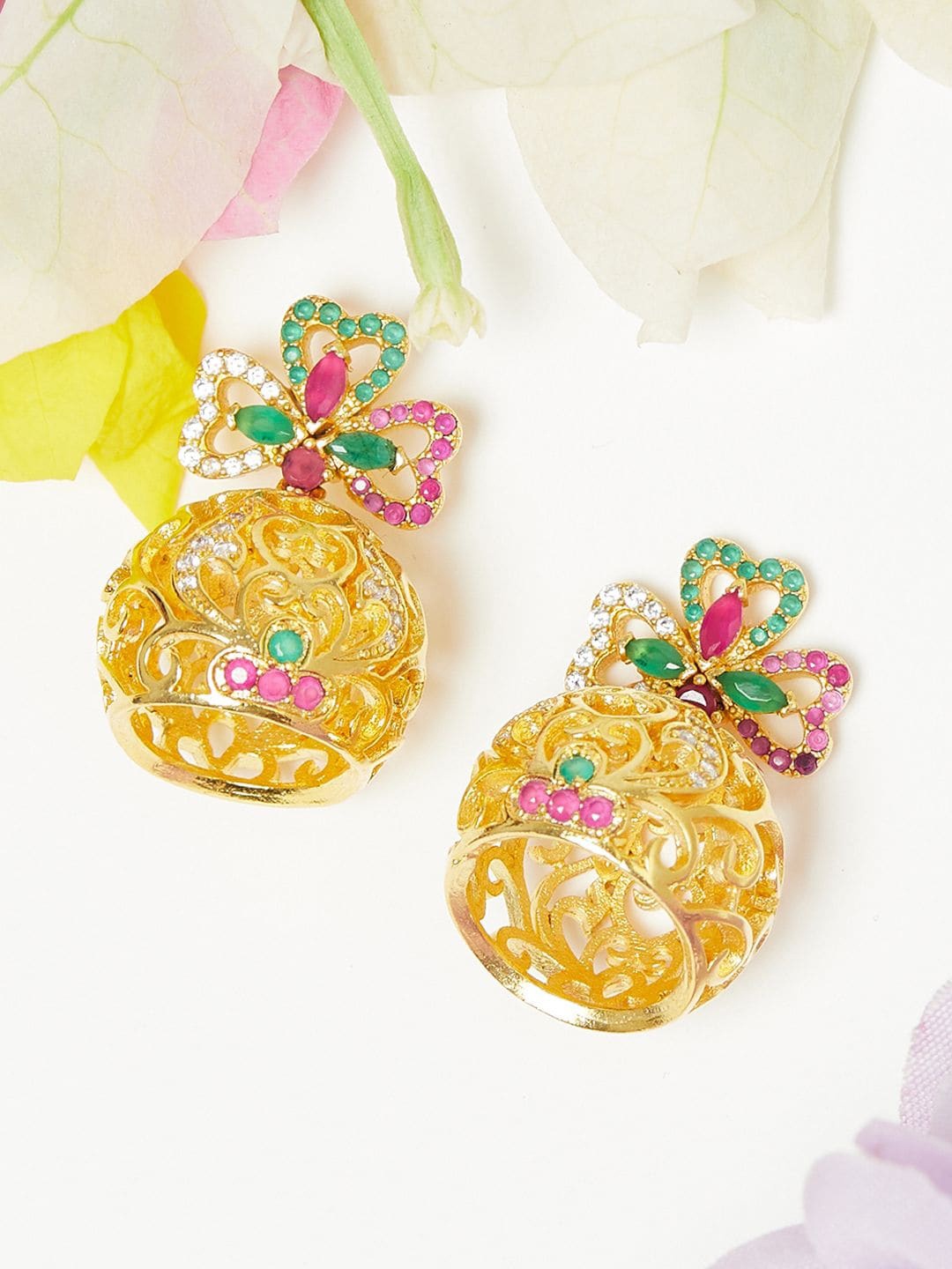 

Voylla Green & Pink Gold-Plated Dome Shaped Jhumkas Earrings