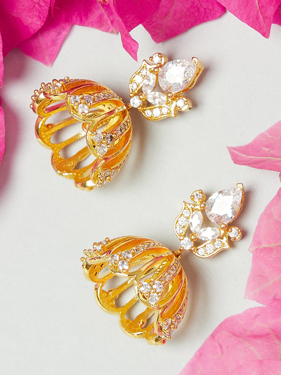 

Voylla Gold-Toned & White Stone Studded Contemporary Jhumkas Earrings
