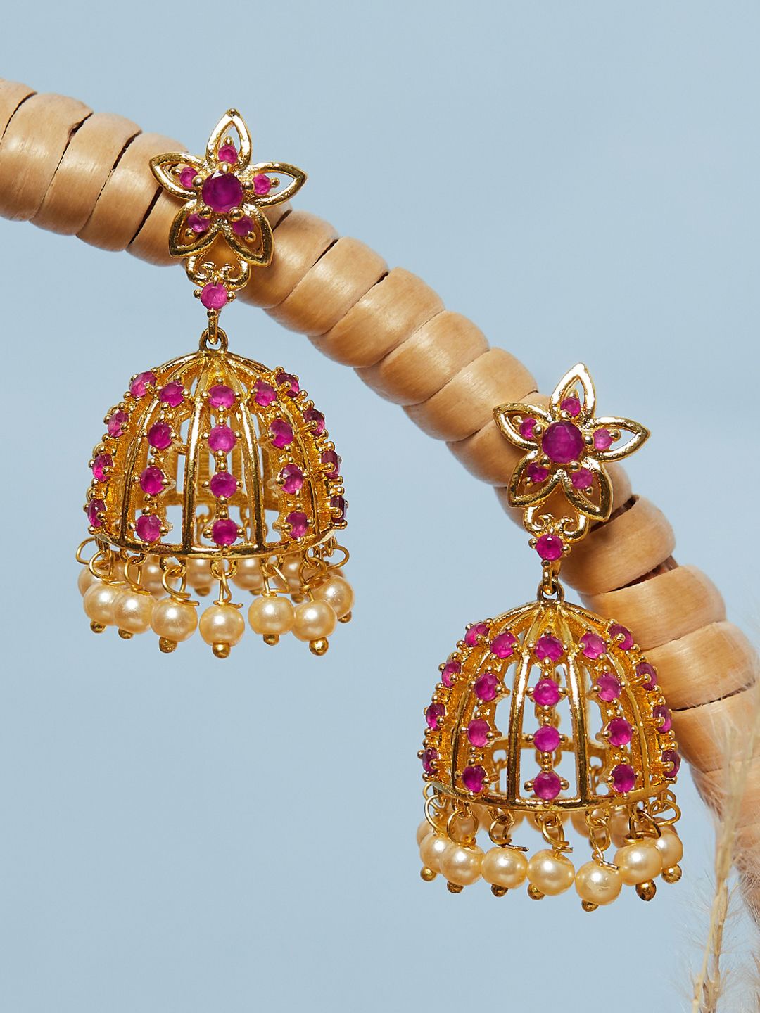 

Voylla Gold Plated Red American Diamond CZ Traditional Jhumkas Earrings