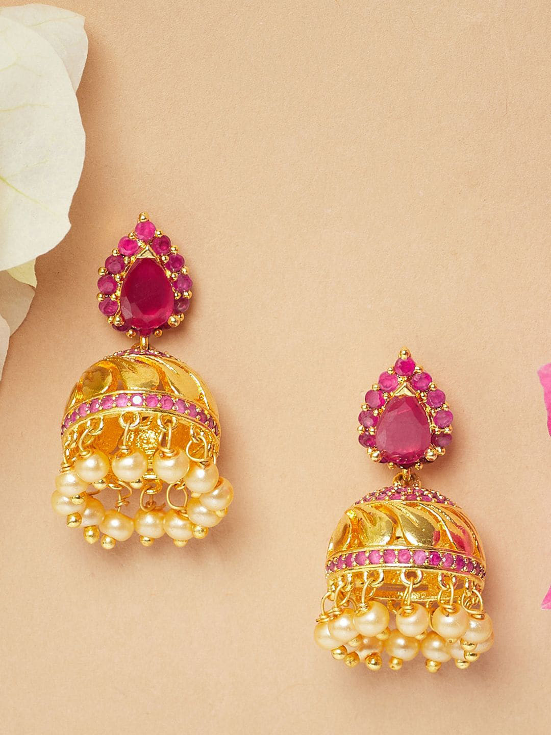 

Voylla Gold-Plated & Pink Contemporary Jhumkas Earrings
