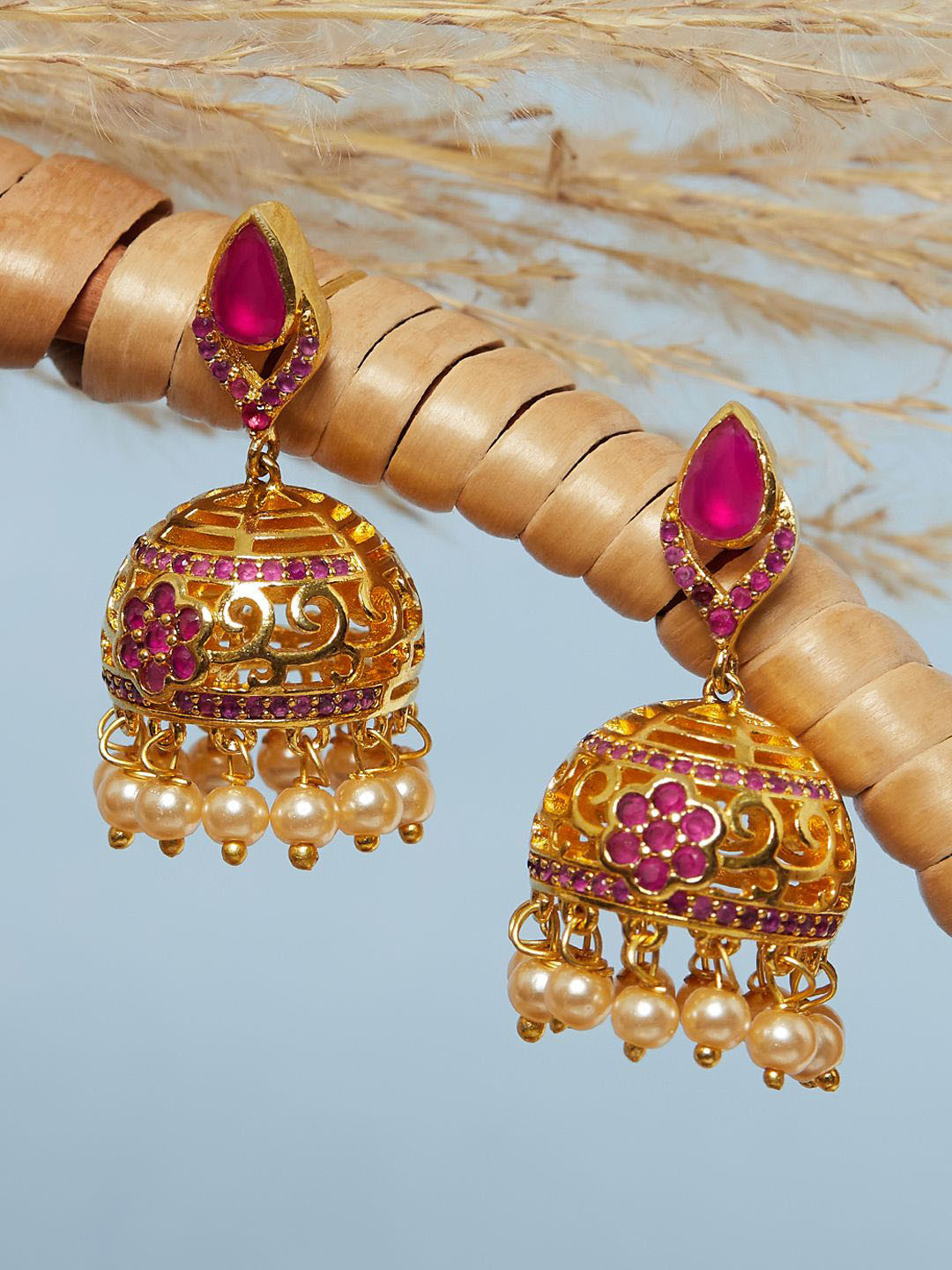 

Voylla Pink Dome Shaped Gold-Plated Jhumkas Earrings